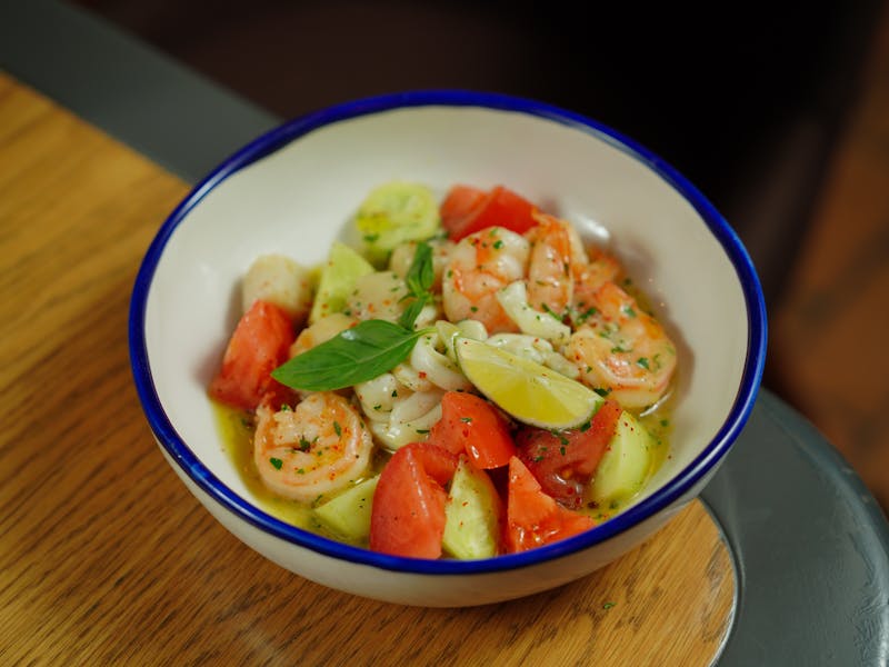 Shrimp Fiesta Bowl with spiced shrimp and mango salsa